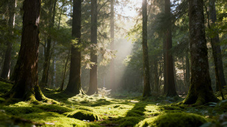 Beautiful morning in the forest with sunbeams and lens flareの素材