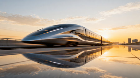 High speed train on the road with reflection in water at sunset.の素材