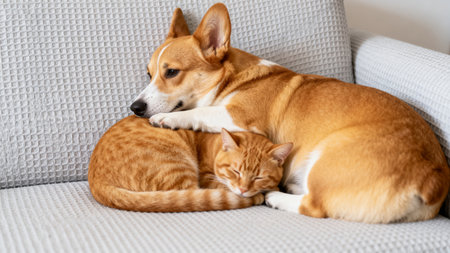 Welsh corgi dog and cat sleeping together on sofa at homeの素材