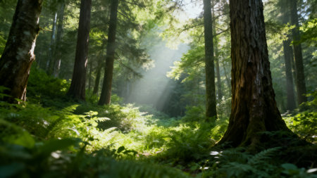 Sunbeams in the forest with ferns and pine treesの素材