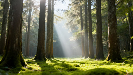 Sun rays shining through the trees in the forest. Natural background.の素材
