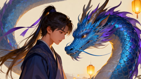 3D rendering of a girl wearing a blue kimono and holding a dragonの素材