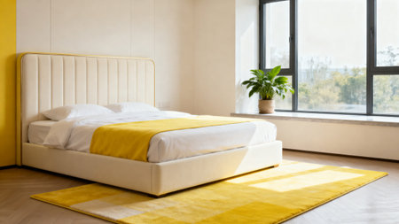 interior of modern bedroom with yellow carpet and white bed, nobody insideの素材