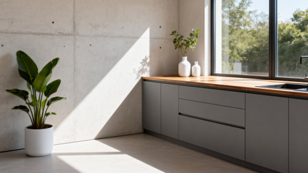 interior of modern kitchen with gray cupboard and plant in potの素材