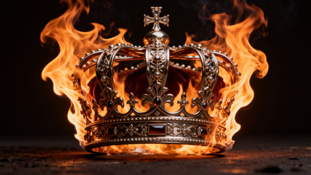 low key image of beautiful queen/king crown over black background with fireの素材
