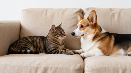 Cute cat and dog together on sofa at home. Pet care conceptの素材