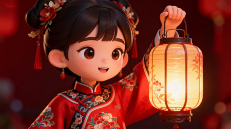 Happy Chinese new year doll with lanterns in traditional red kimonoの素材