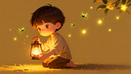 Cute little boy sitting and holding a lantern in the garden.の素材