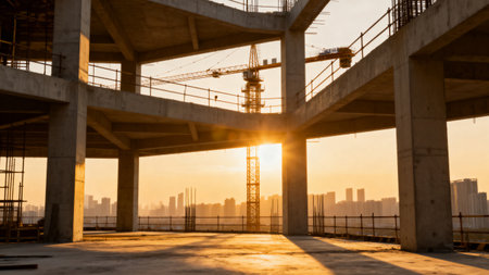 Construction site with cranes and building under construction, sunset.の素材