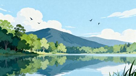 Landscape with a lake, mountains, clouds and birds. Vector illustration.の素材