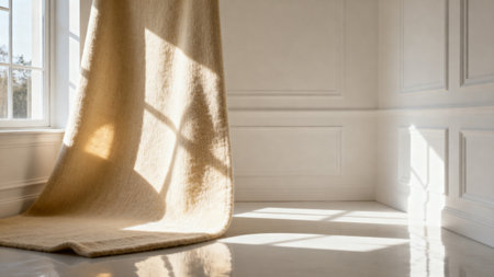 Interior of a room with a window and curtains. Soft light from the window.の素材