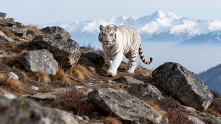 White tiger on the top of a mountain with mountains in the backgroundの素材