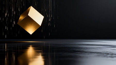 3d rendering of a golden cube in a dark room with a blurred backgroundの素材