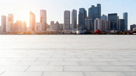 Empty square floor and modern city skyline with buildings in Hangzhou,China.の素材