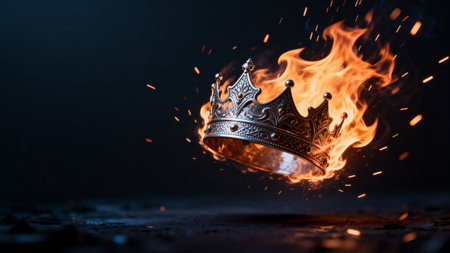 Gold crown on fire background. Medieval period concept. Selective focusの素材