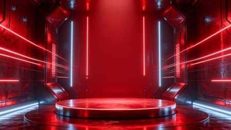 Abstract scene with red neon lights and round pedestal, 3d renderの素材