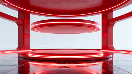 Red round pedestal, 3d rendering. Computer digital drawing.の素材