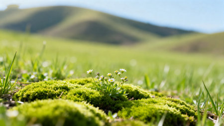 Green grass and daisies on the background of the mountains.の素材