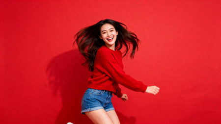 Full length portrait of a happy young woman jumping on a red backgroundの素材