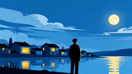 Illustration of a silhouette of a man standing by the lake at nightの素材