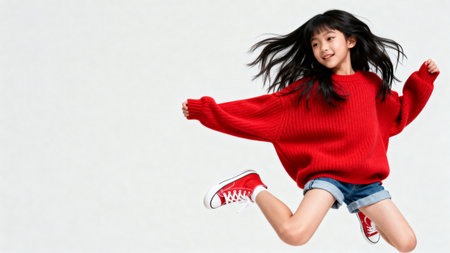 Young asian woman jumping with red sweater and jeans on white backgroundの素材