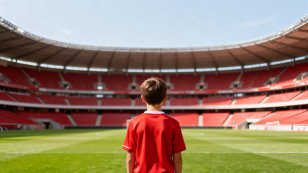 Rear view of a young soccer player standing in front of the empty stadiumの素材