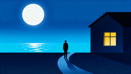 Silhouette of a man standing in front of a house at nightの素材