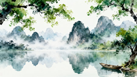 Watercolor painting of karst mountains and river with boat.の素材