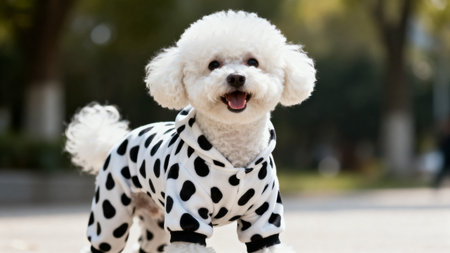 Cute little white dog wearing a polka dot dress with black spotsの素材