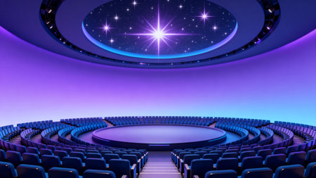 Empty cinema auditorium with blue seats and round stage. Vector illustrationの素材