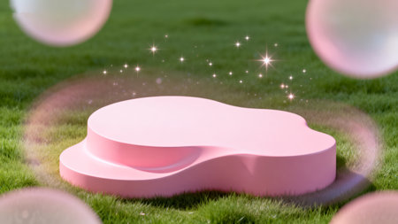 pink podium on green grass with bubbles and stars - 3d renderingの素材