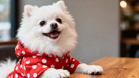 Cute white pomeranian dog in red clothes sitting on the tableの素材