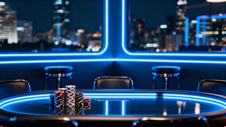 Colorful casino table with playing cards and chips in the night cityの素材