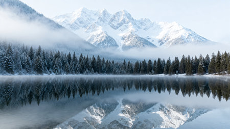 Panoramic view of the lake in the mountains with snow and fogの素材