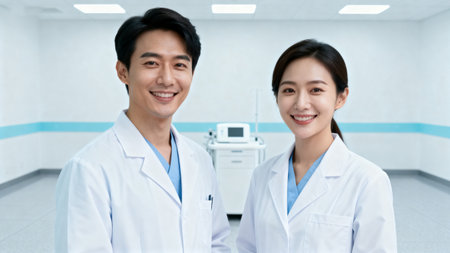 Portrait of two asian medical staff smiling at camera in hospitalの素材