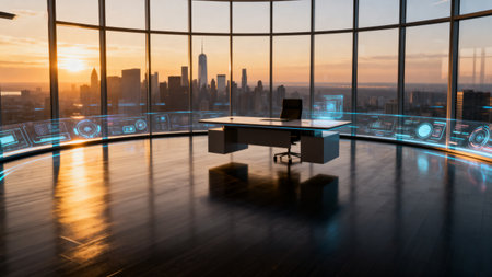 Silhouette of a modern office interior with a panoramic window overlooking the New York City. 3D renderingの素材