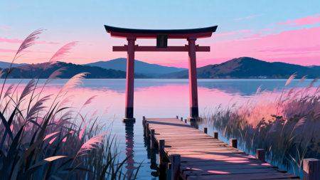 Torii gate on the lake at sunset. 3D rendering.の素材