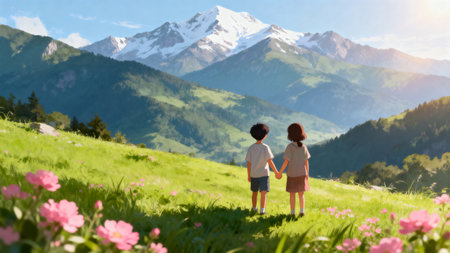 Cute little boy and girl holding hands and looking at the snowy mountainsの素材