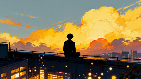 Silhouette of a man meditating on a rooftop at sunsetの素材