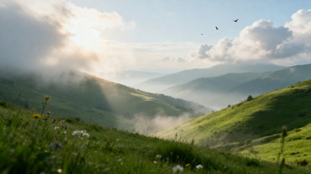 Mountain landscape in the rays of the setting sun. Carpathians, Ukraineの素材