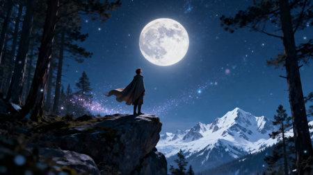 Mysterious woman in night forest with full moon. Mixed mediaの素材