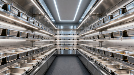 3d rendering of a modern food court with escalators and shelvesの素材