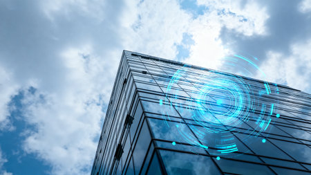 Abstract blue hologram on the skyscraper background. Business concept.の素材