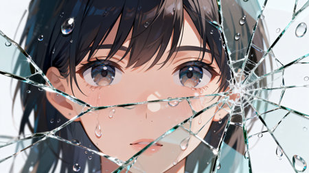 Young woman with broken glass on white background. 3d illustration.の素材