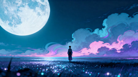 Man standing on the meadow and looking at the full moon.の素材