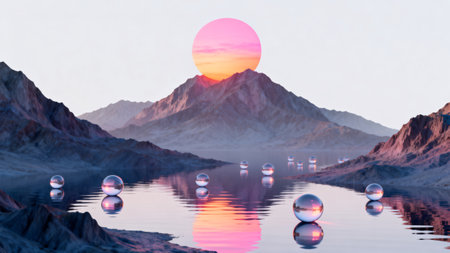 Fantasy alien planet. Mountain and lake. 3D illustration.の素材