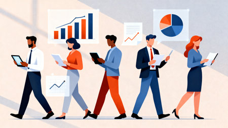 Business people working in office. Businessmen and businesswomen, office workers, businessmen and businesswomen standing in line, vector illustrationの素材