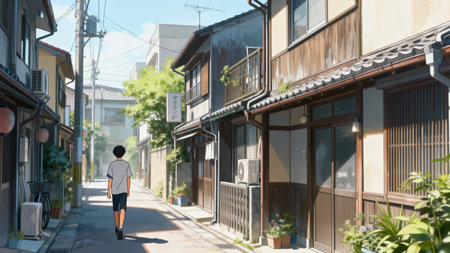 Man walking along the street in Kyoto, Japan. Kyoto is the capital of Japan.の素材