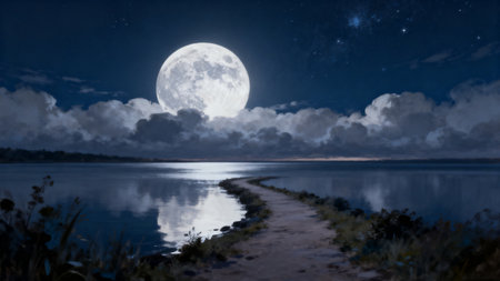 moon in the night sky over the lake. 3d rendering illustrationの素材
