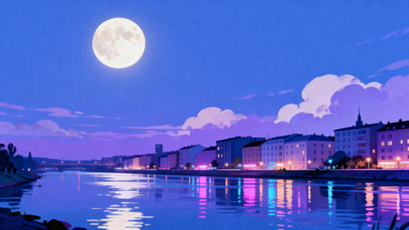 cityscape at night with full moon and reflection in water, Italyの素材